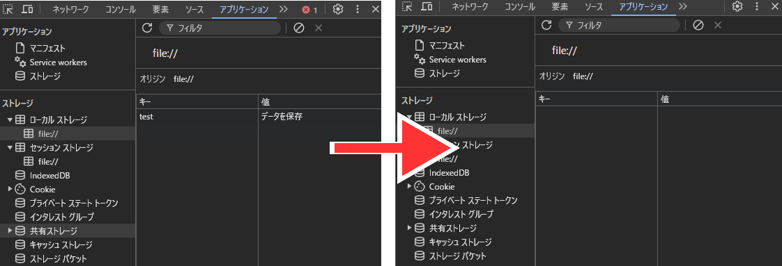 localStorageをchromeブラウザから削除した結果